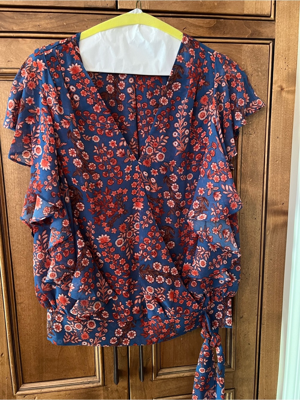 Liverpool Los Angeles Floral Wrap Blouse in Blue and Red